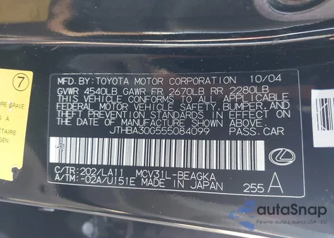 2005 Lexus Es 330 z USA, uszkodzony, nr VIN JTHBA30G555084099